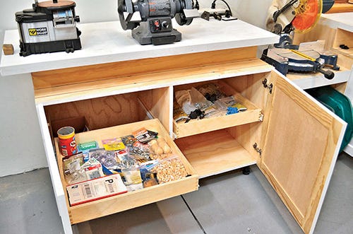 Pull out storage cabinets in miter saw station