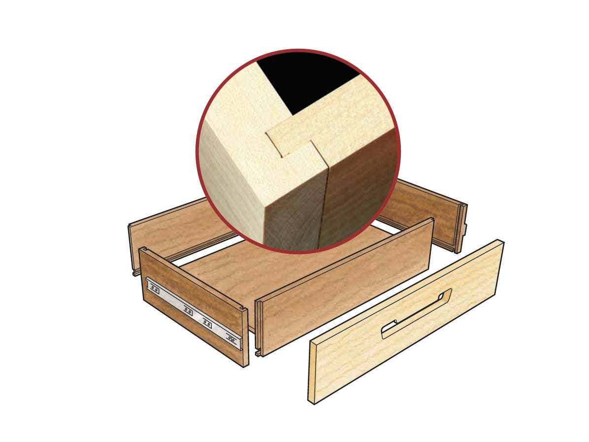 Drawing of a drawer with rabbet and dado joinery