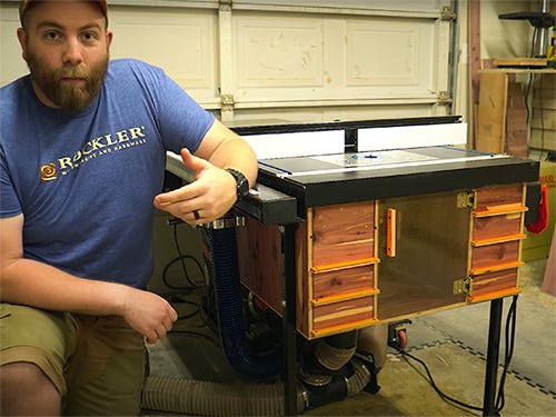 Paul Jackman and his router table cabinet with under table storage