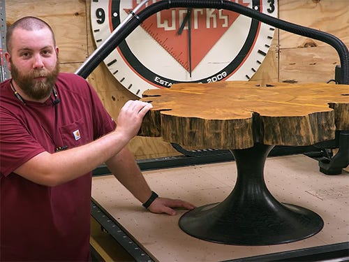 Paul Jackman with maple cookie slab table