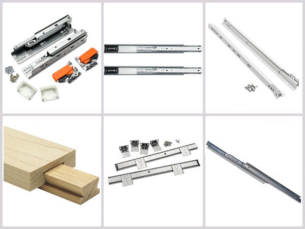 Sample of six different types of drawer slide