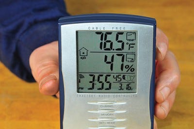 Using digital thermometer to check workshop temperature and humidity