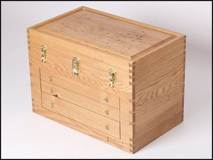A chestnut tool chest built with a wormwood top
