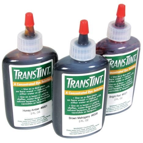 Transtint dye bottles in three colors
