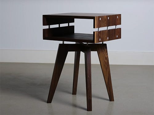 Walnut nightstand table with aluminum dowel accents