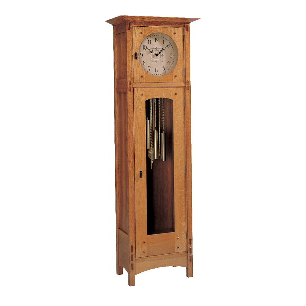 A classic American clock your family will cherish for generations. Arts & Crafts Style Grandfather clock Plan A combination of features- the protruding faux through tenons, the impressive 7 foot height- makes this majestic clock a classic. Thanks to the easy-to follow plan, the project is possible for the average woodworker. The plan includes instructions for making the faux through tenons.