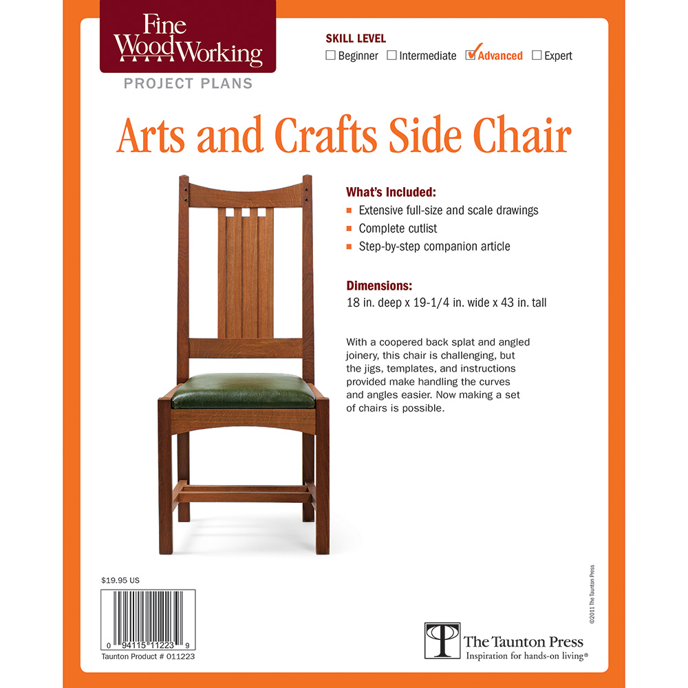 This Arts and Crafts style chair fits comfortably in a dining room or a library. The upholstered, deep seat and curved back rest contribute to the comfort of the chair. With its coopered back splat and angled joinery, it offers plenty of construction challenges, but a variety of jigs and templates help you to handle the curves and angles. With the templates and detailed instructions provided, you could make a set of these chairs. Features: Extensive full-size and scale drawings Complete cutlist Instructions for making templates and jigs Slip-seat how-to